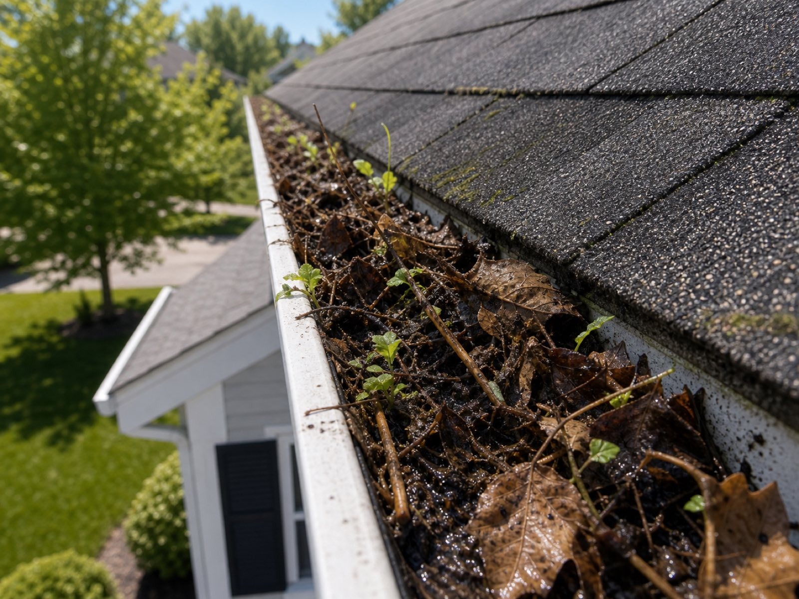 Gutter packed with wet leaves, twigs and sprouting weeds along the roofline before a Vonto Home Services cleaning