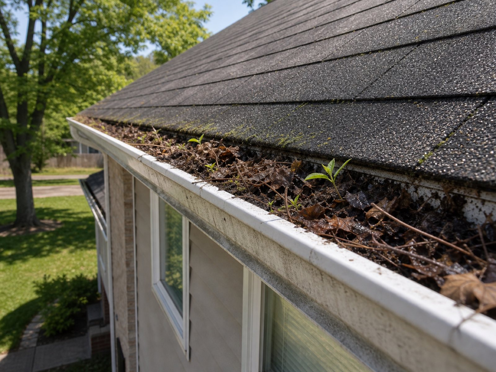 Gutter along the roofline choked with soaked leaves, twigs and sprouting seedlings before a Vonto Home Services cleaning