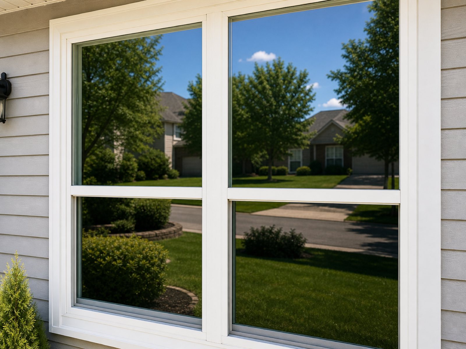 Spotless, streak-free window reflecting a bright sky after a Vonto Home Services cleaning