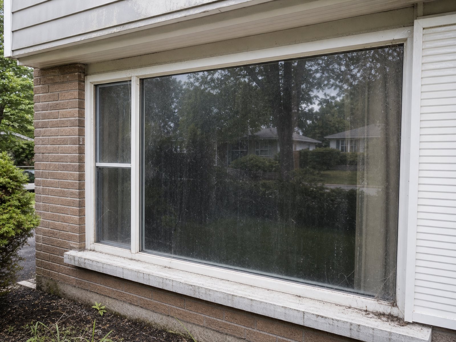 Large picture window with dusty film, water spots and cobwebbed corners before a Vonto Home Services cleaning