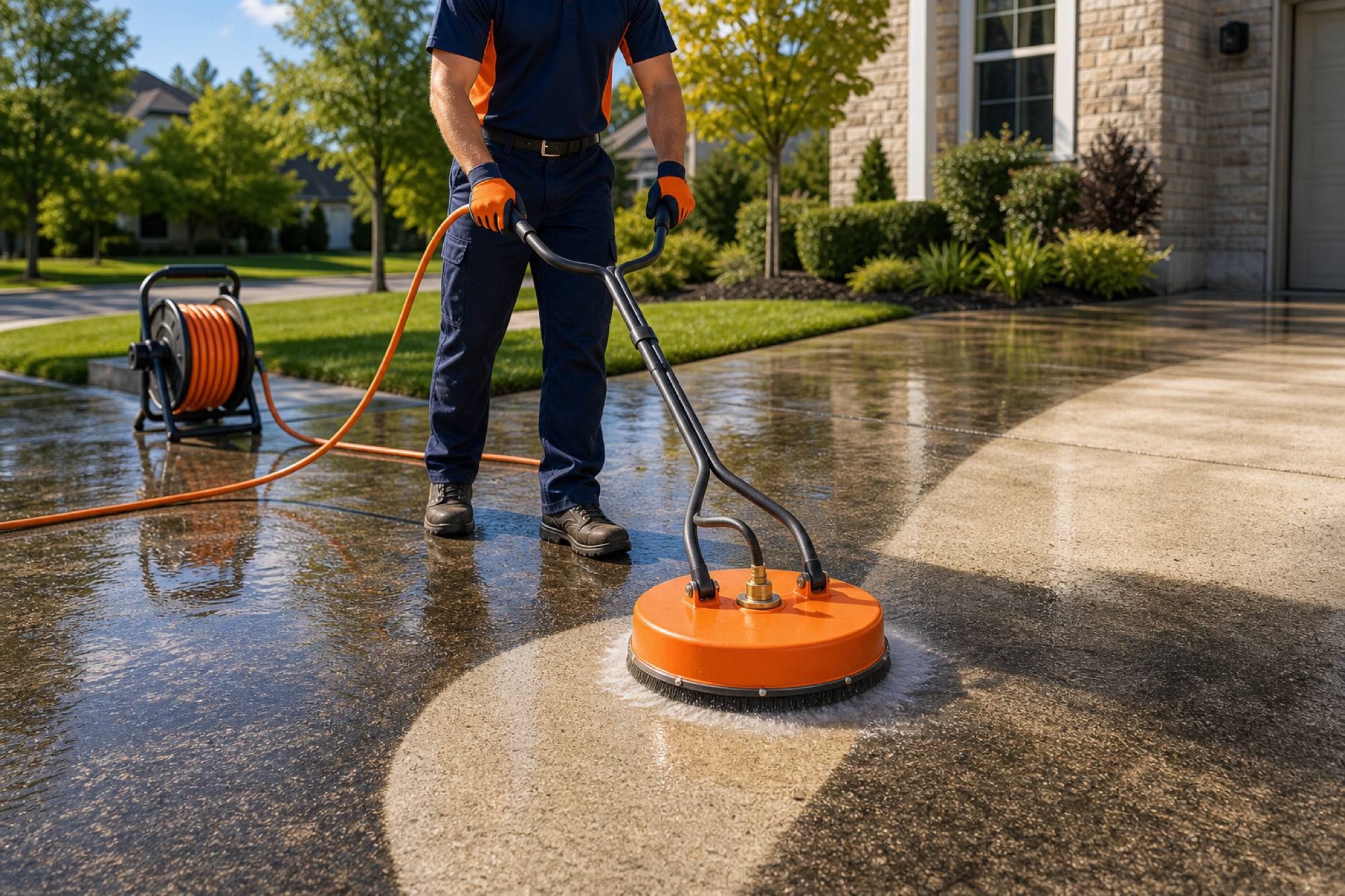 Surface cleaner leaving a bright, clean arc across a home's concrete driveway