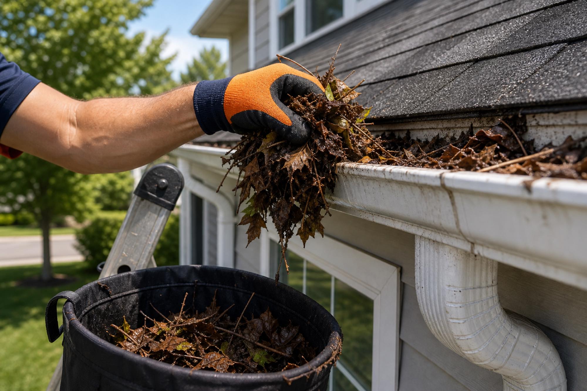 Gloved hand clearing packed leaves out of a home's gutter into a debris bag