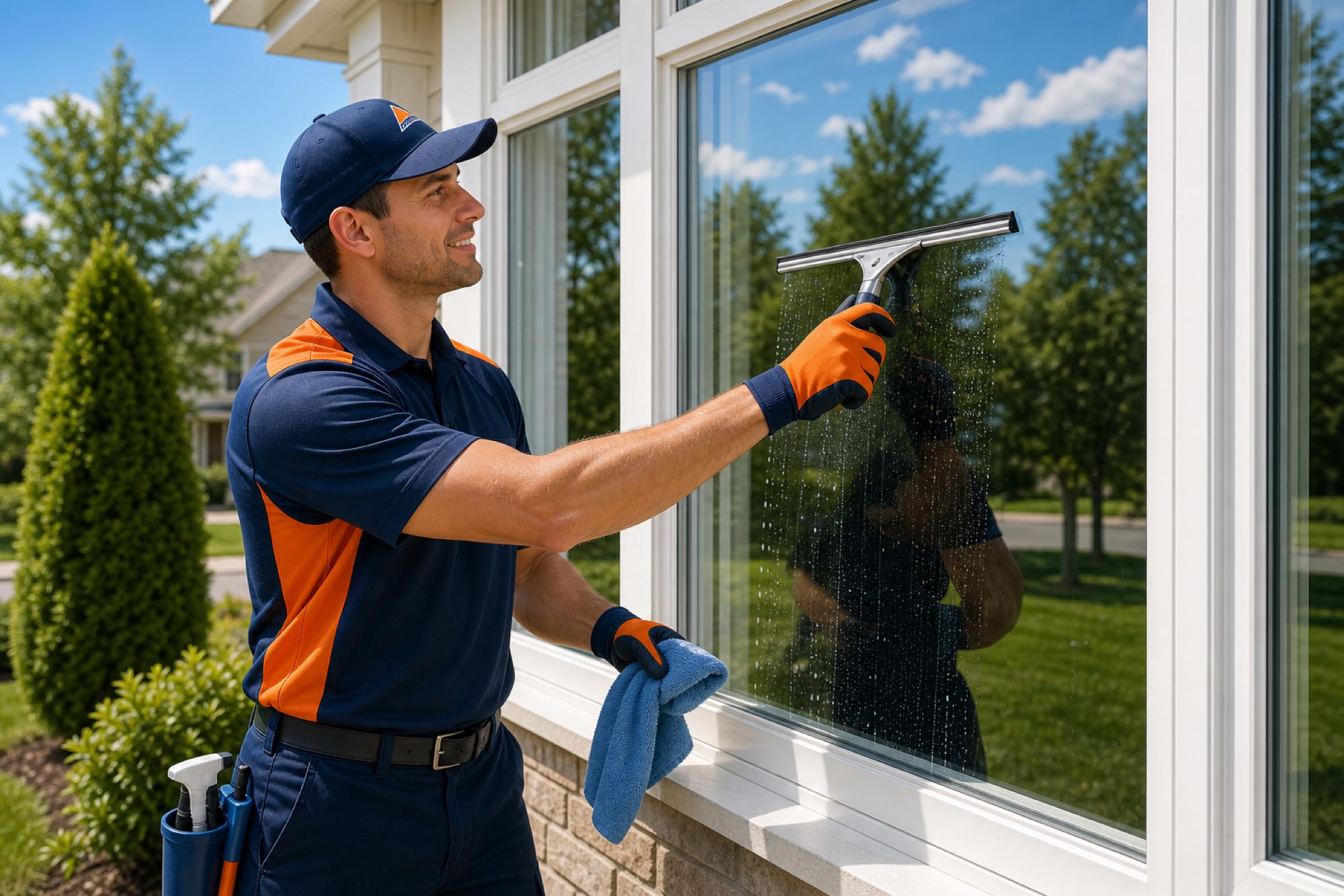 Vonto Home Services technician cleaning a home's windows to a streak-free finish